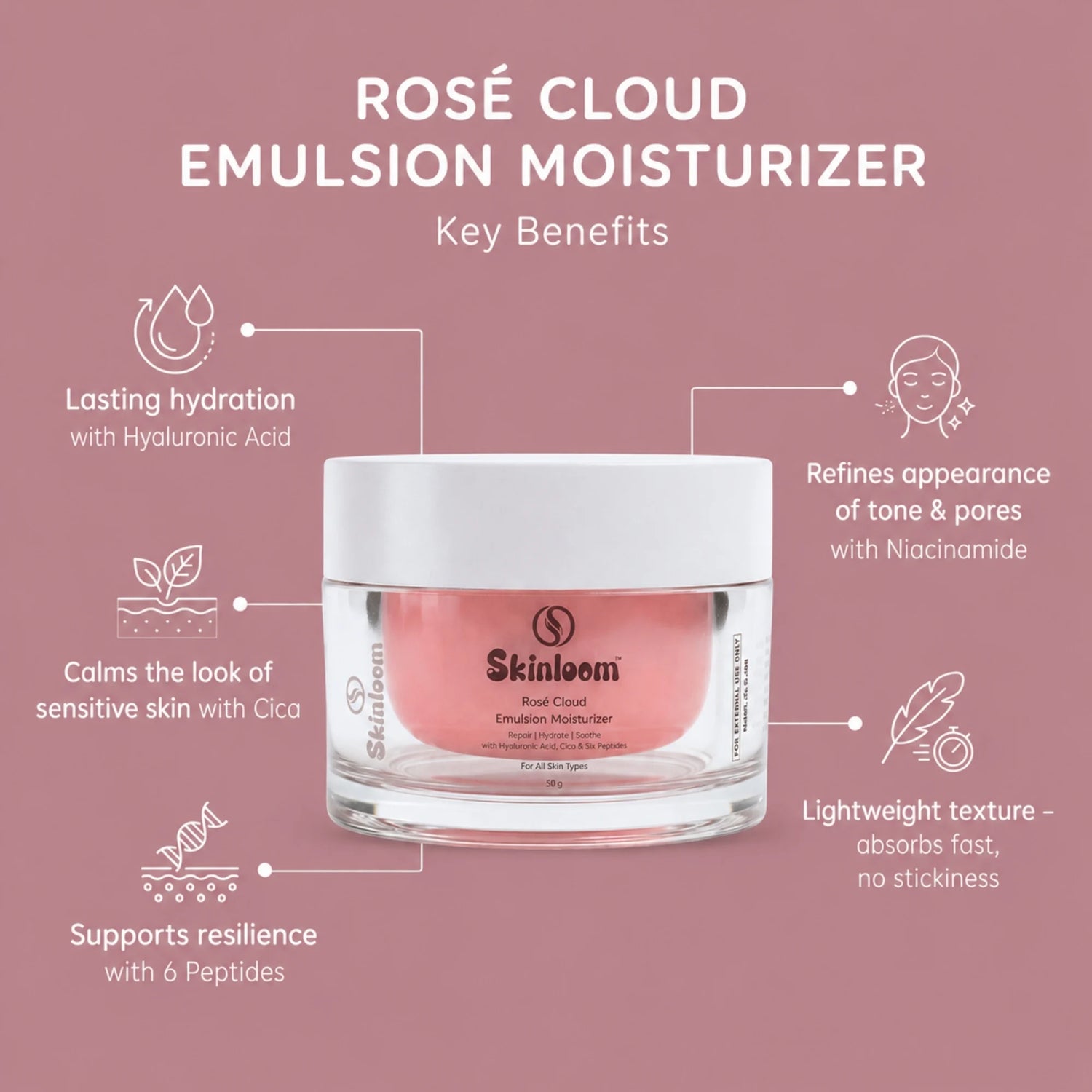 Rosé Cloud Emulsion- 24 Hour Barrier Moisturizer with Hyaluronic Acid, 6 Multi Peptides, Niacinamide and Cica