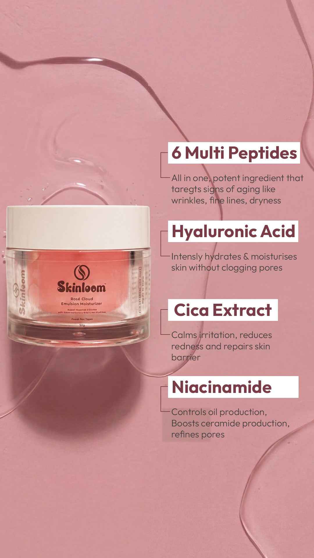 Rosé Cloud Emulsion- 24 Hour Barrier Moisturizer with Hyaluronic Acid, 6 Multi Peptides, Niacinamide and Cica